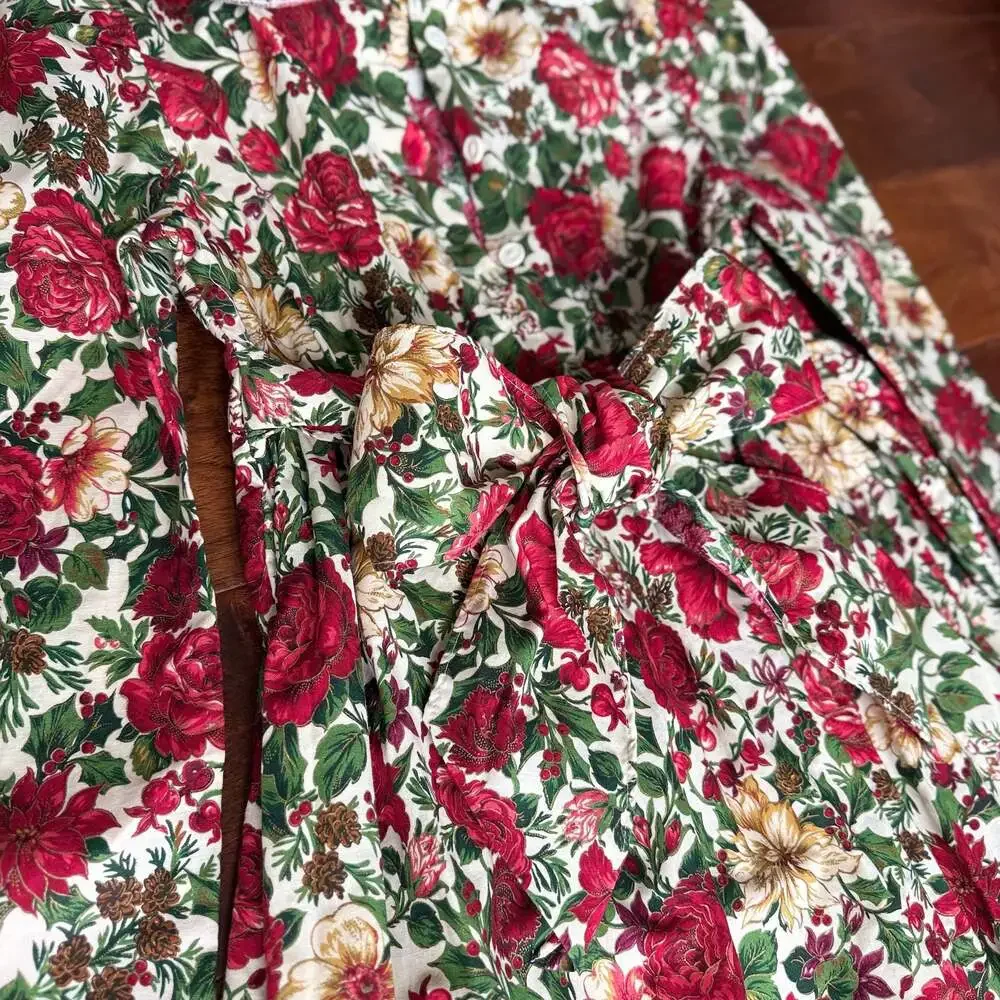 Vintage Bonnie Jean New York Red Floral Holiday Dress With Lace Trim Size 10